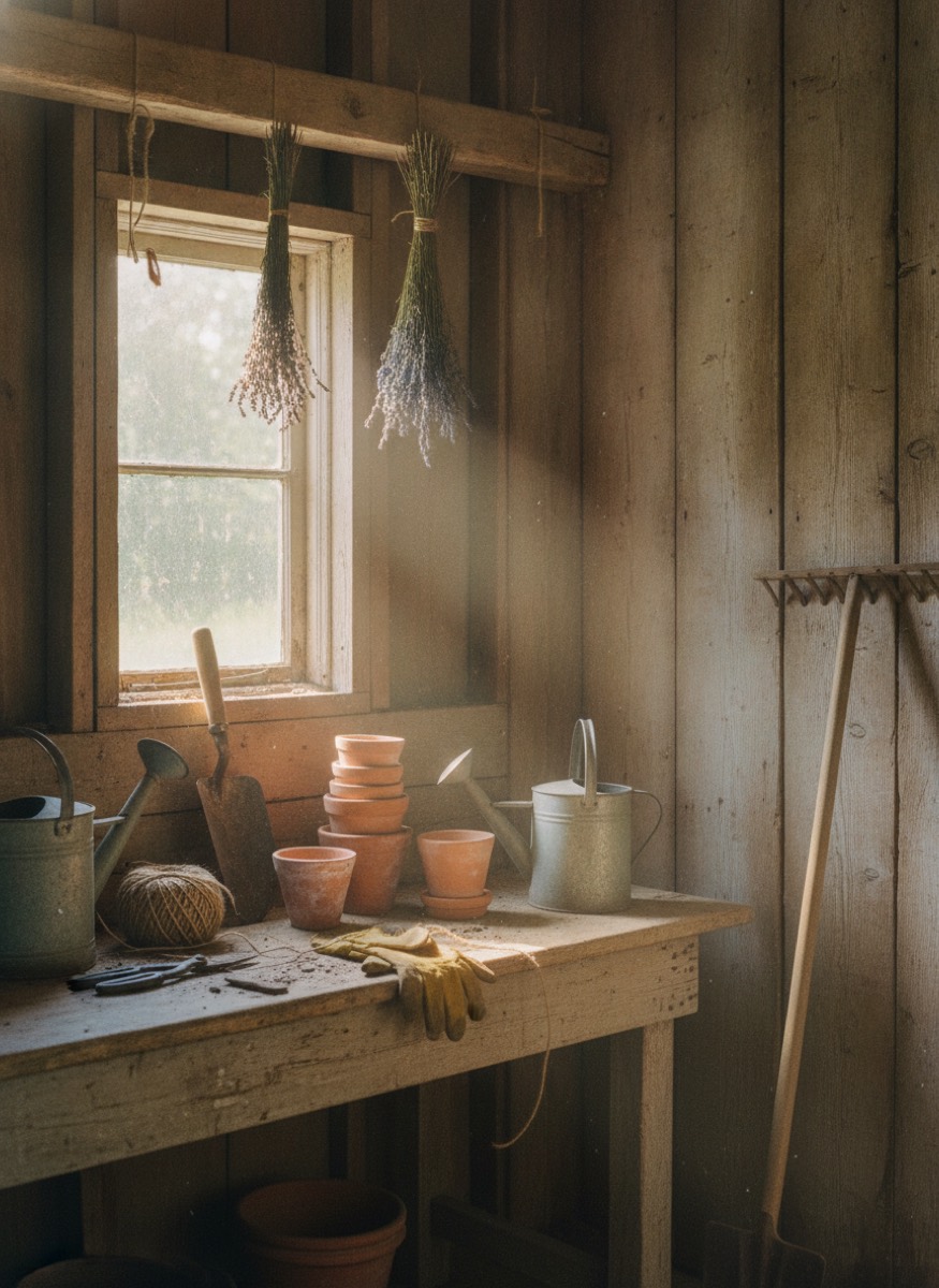 Old barn potting bench with hand shears, twine, gloves and terracotta pots in morning light