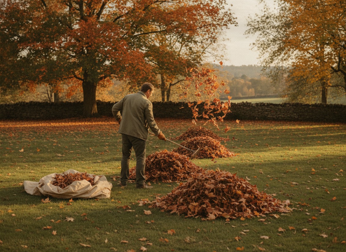Gardener in an olive canvas jacket raking autumn leaves into piles on a country lawn by a stone wall