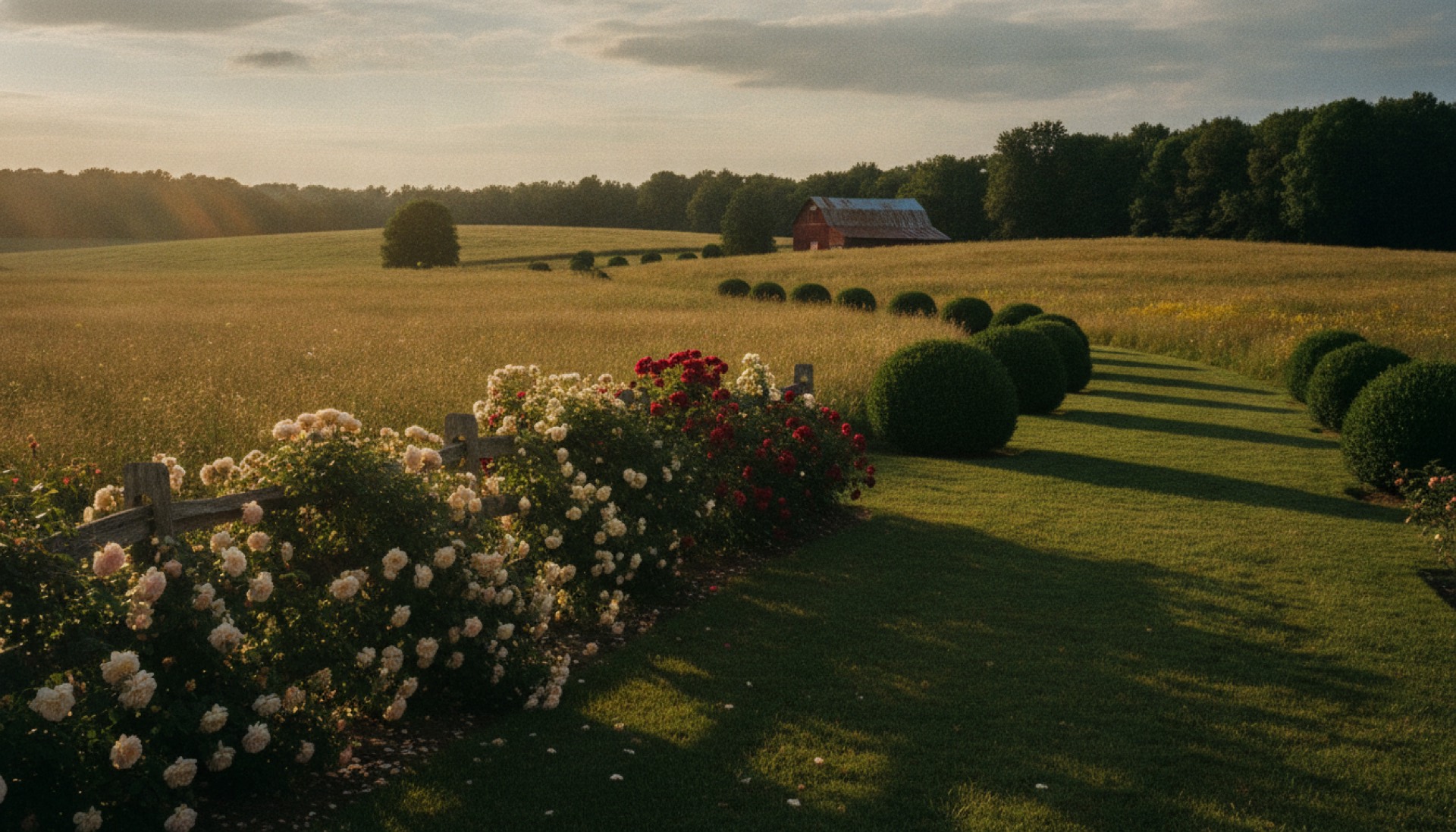 Golden-hour view over a kept country garden and meadow beyond a split-rail fence