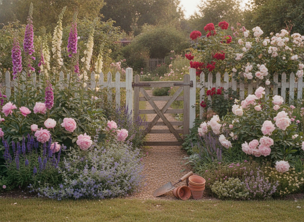 Cottage-style perennial border with foxglove, catmint and roses beside a picket gate