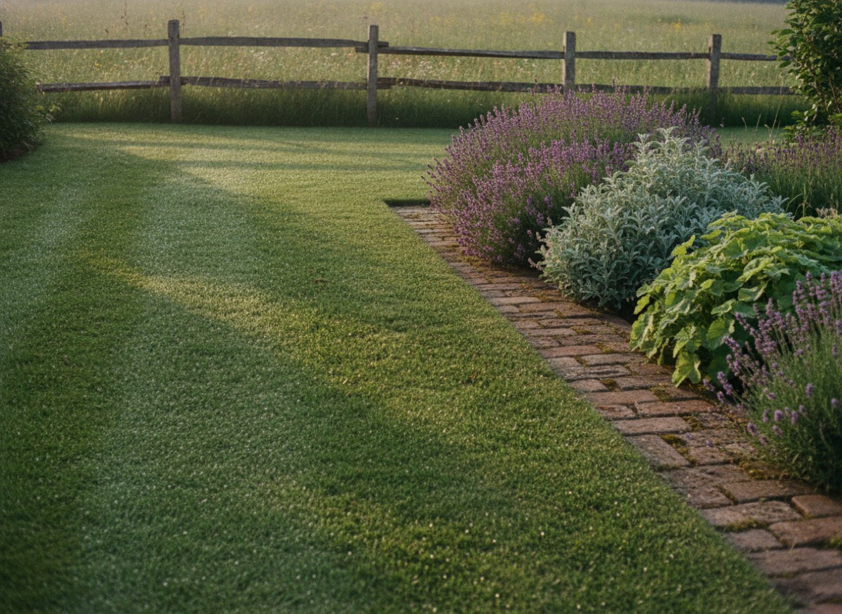 Freshly mown lawn with crisp edges along a brick garden path lined with perennials