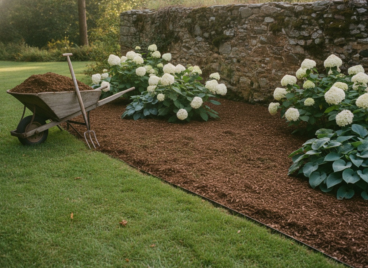 Fresh dark mulch bed with a crisp spade-cut edge around hydrangeas and hostas, wheelbarrow of mulch beside it