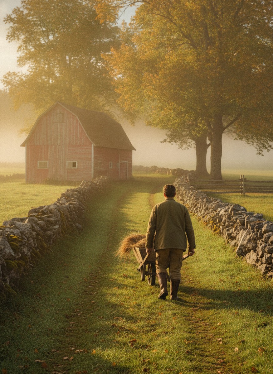Person in a canvas chore coat pushing a wheelbarrow down a misty farm lane toward a barn