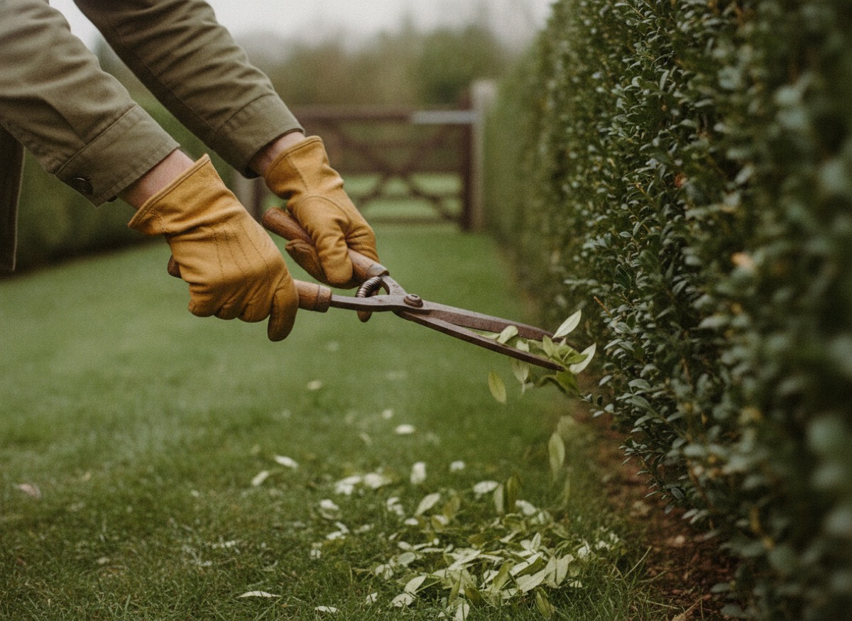 Hands in leather gloves shaping a boxwood hedge with wooden-handled hand shears